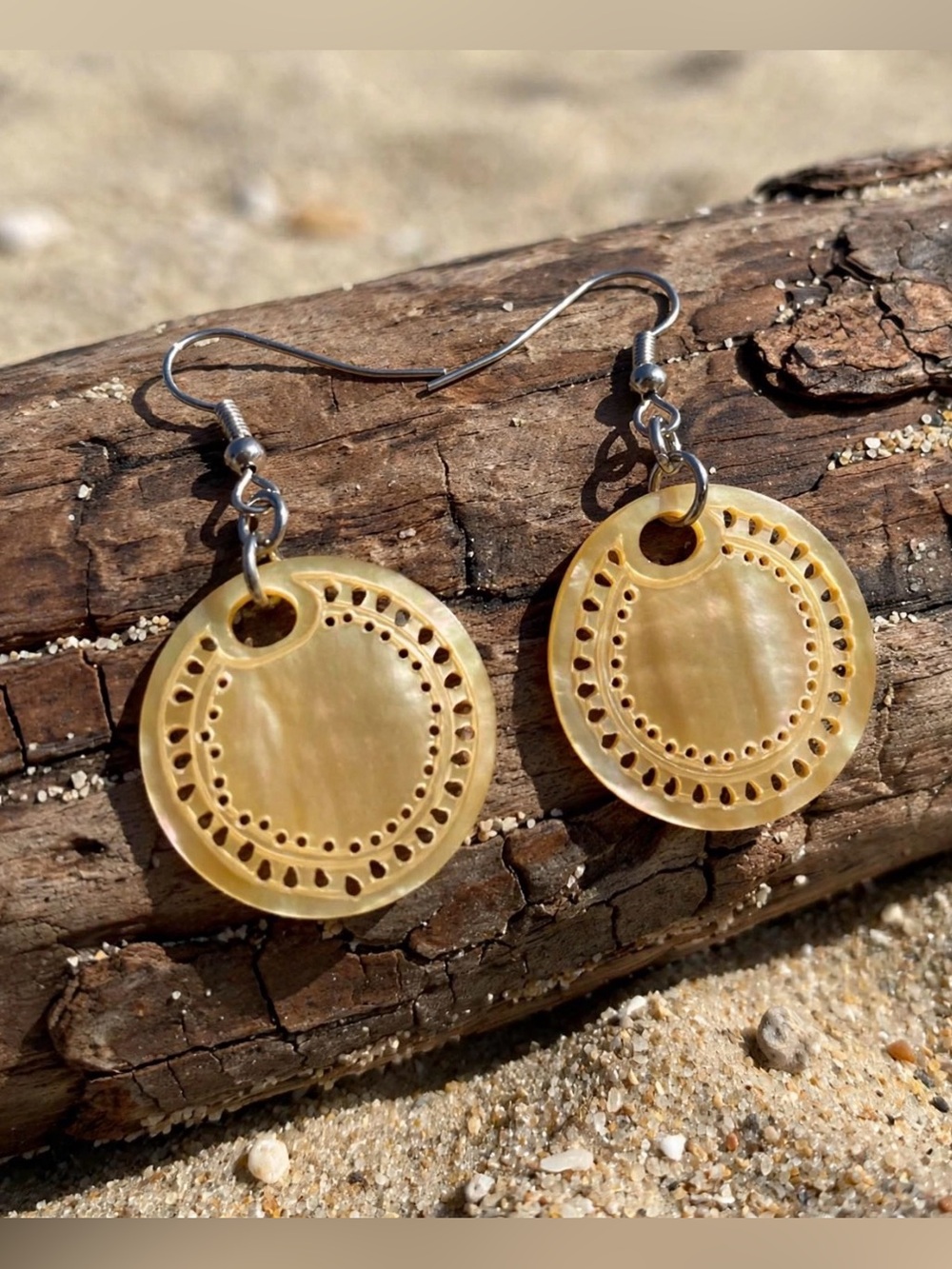 Golden Sundance  Mother of Pearl Disc Dangle Earrings - Boho Shell Statement